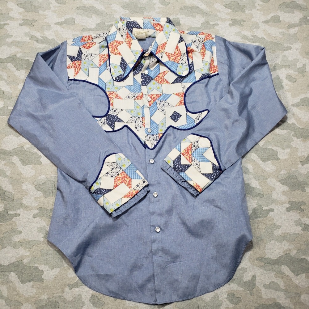 Vintage Duffy Shirt Mens Large Blue Chambray Bandana Patch Button Up Rockabilly